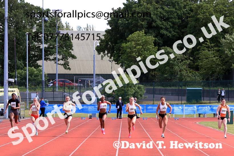 Senior Womens 100 metres, 2024 Northern Senior and Under-20s Track and Field Champs, Middlesbrough.  Photo: David T. Hewitson/Sports for All Pics
